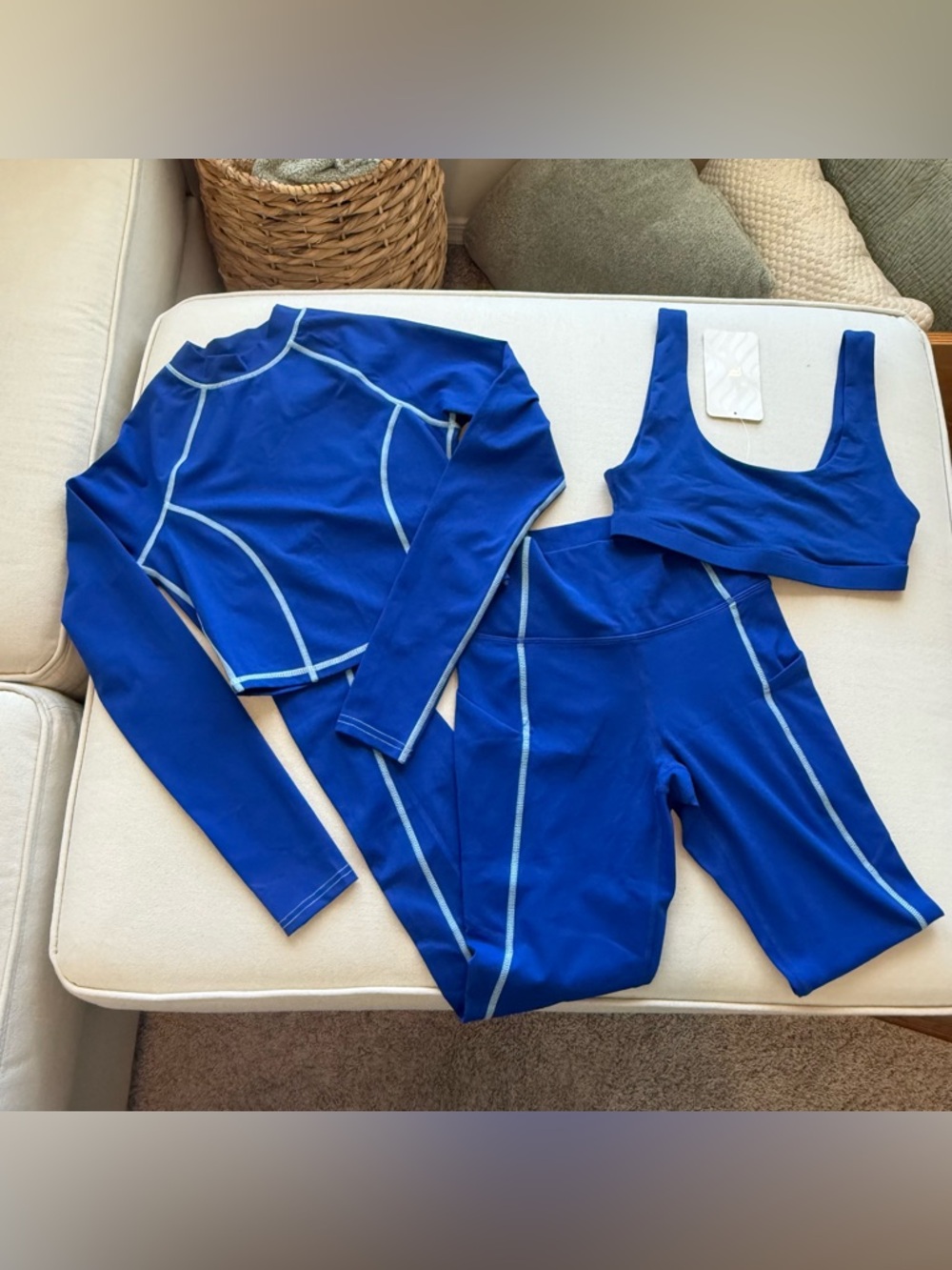 Fabletics Royal Blue 3-Piece Active Set – Crop Top, Sports Bra & Leggings